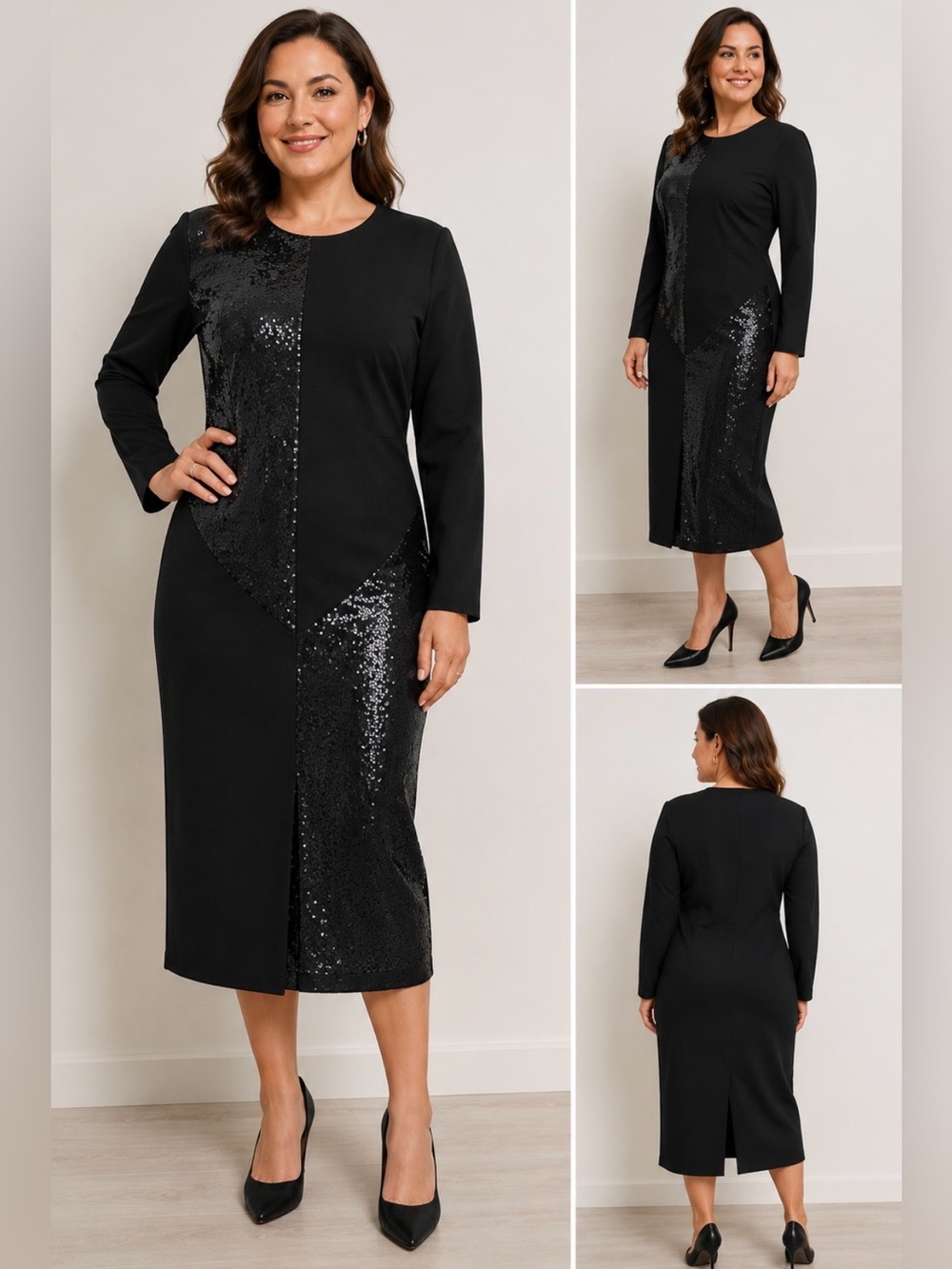 Black Sequin Panel Midi Dress with Long Sleeves party wedding Elegant